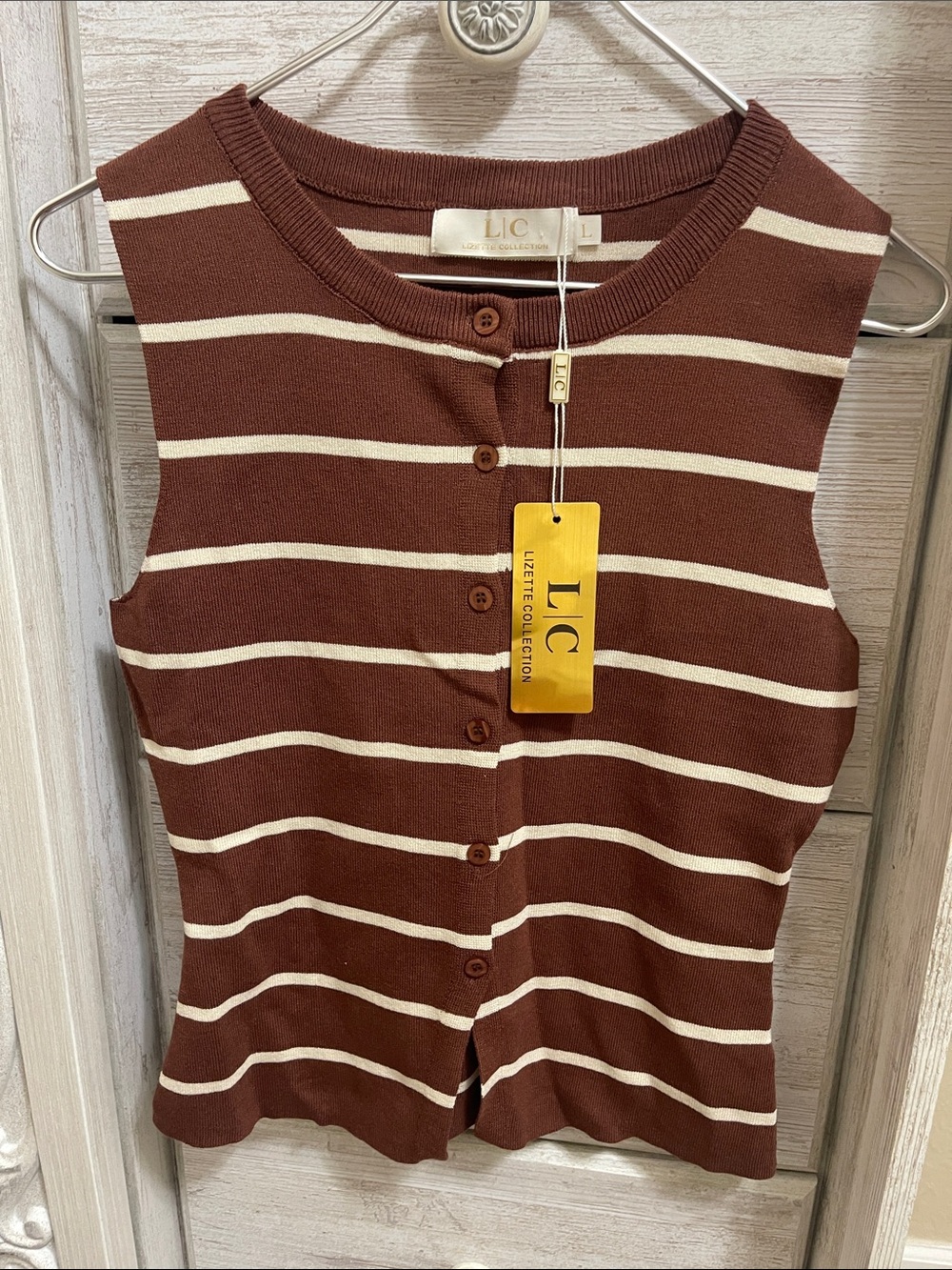 Lizette Collection Brown & Cream Striped Sleeveless Button-Front top